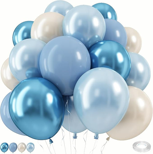 Dusty Blue White Balloons, Double Stuffed Pearl Light Baby Metallic Slate Blue Pearl Sand White Balloon, 50 Pcs Winter Wonderland Balloons for Baby Shower Birthday Bridal Shower Wedding Decorations