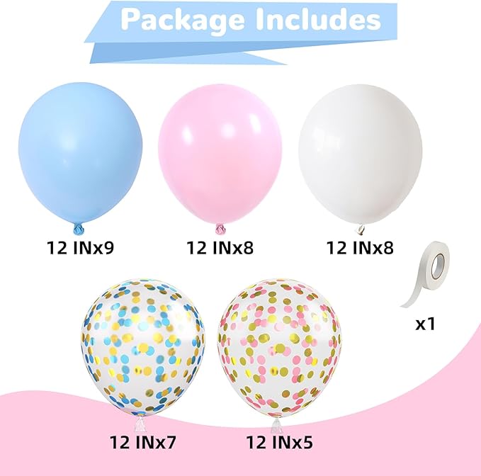 Pink and Blue Balloons 12 Inch Pastel Light Baby Blue Pink White Party Balloon with Confetti Latex Balloons for Gender Reveal Boy or Girl Princess Birthday Bridal Baby Shower Party Decorations