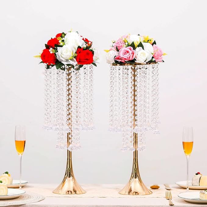 2Pcs 21.88" Centerpieces Tall Crystal Metal Vase Gold Flower Stand Vase for Table Wedding Centerpieces Decoration-Artificial Flower Vase for Dining
