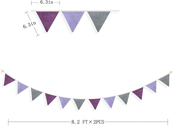 2 Sets of Purple Grey Nursery Garland 24Pcs Grey Purple Fabric Linen Pennant Banner Flags Triangle Streamers for Baby Playroom Decor Kids Girls Lavender Birthday Baby Shower Boho Party Decorations