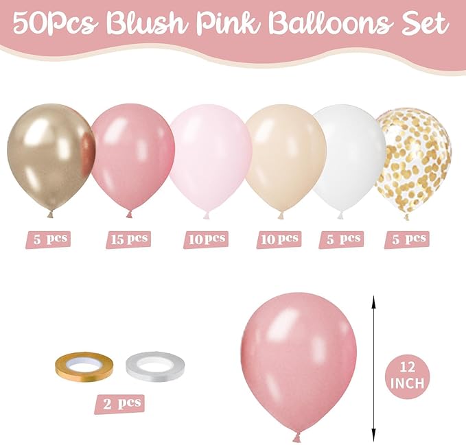 Paready Blush Pink Balloon Set, 50 Pcs Pink and Champagne Gold, 12 Inch Dusty Pastel Pink Apricot Metallic Gold Confetti for Boho Birthday Bridal Shower Bachelorette Party Supplies