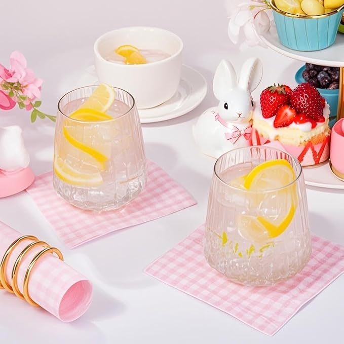 FLOWERCAT 100-Count 2-Ply Pink Checkered Cocktail Napkins Checkered - Pink Cocktail Napkins Disposable Premium Quality- 5“ x 5" Paper Napkins for Easter Party,Bar,Birthday,Mother's Day