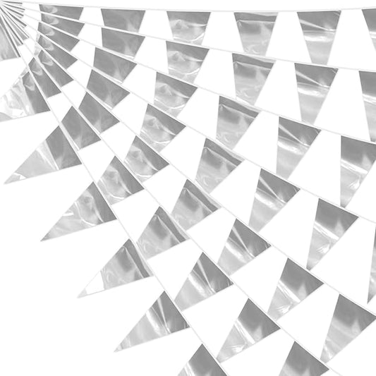 65FT Silver Glitter Triangle Pennant Banner Flag Metallic Bunting Fabric Garland for Christmas Graduation Wedding Engagement Anniversary Bachelorette Birthday Bridal Shower Valentine's Party Supplies