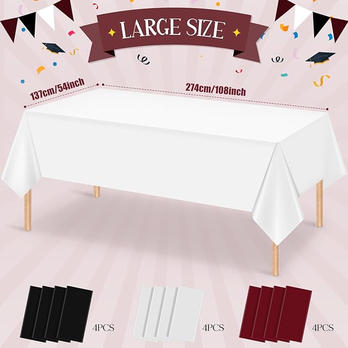 12 Pcs Maroon Black White Plastic Tablecloths Bulk,54 x 108 Inch Disposable Rectangle Party Table Cloth Waterproof Table Cover for Birthday Wedding Anniversary Graduation Party Decorations Supplies