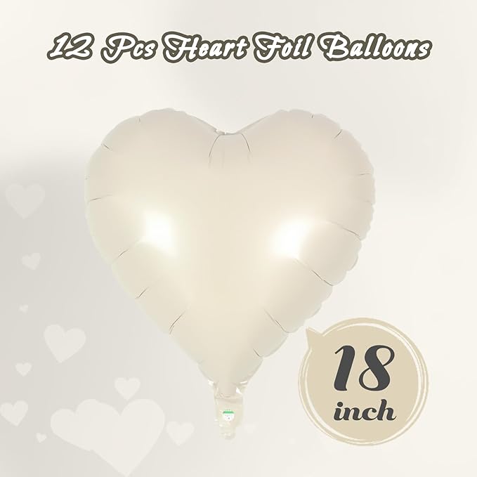 12 Pcs Cream Heart Balloons,18 Inch Cream White Heart Shape Foil Balloons Love Balloon Valentine Balloon for Birthday Party Wedding Engagement Party Baby Shower Valentine Day Decorations (cream)