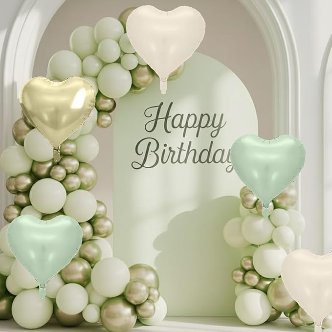 Sage Green Gold Heart Balloons, 10 Pcs Light Gold Cream Heart Shaped Balloon, 18 Inch Olive Green Sand White Foil Balloons for Jungle Safari Brithday Baby Shower Wedding Valentines Party Decoration