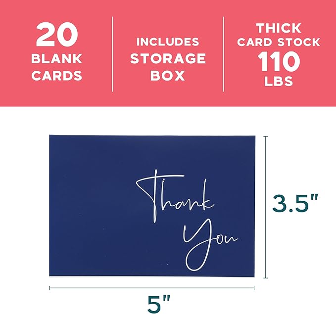 VNS Creations 50 Pack Thank You Cards With Envelopes, Stickers, 3.5x5 Inch Blank Thank You Notes - Bulk Box Set Notes for Graduation, Wedding, Small Business, Baby & Bridal Shower Card - Navy Blue