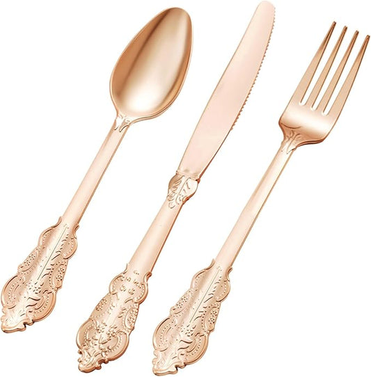 75PCS Rose Gold Plastic Silverware for 25 Guests, Heavy Duty Rose Gold Disposable Utensils Sets, Includes 25 Forks, 25 Spoons, 25 Knives, Elegant Cutlery Perfect for Wedding or Party