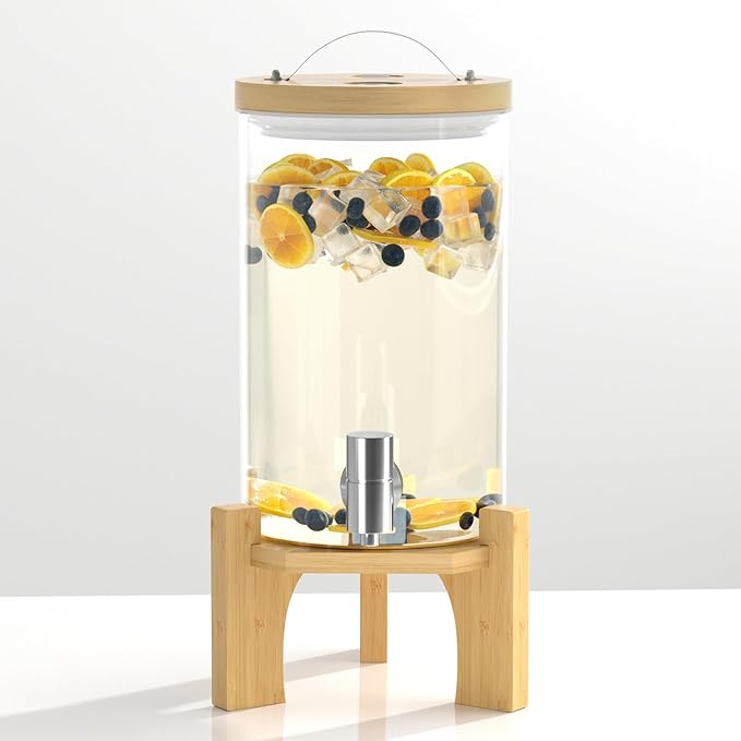 1.2 Gallon Glass Drink Dispenser For Parties, Beverage Dispenser With Bamboo Wood Stand And Stainless Steel Spigot, Countertop Water Dispenser, Lemonade Dispenser For Wedding, Picnic (1PACK)