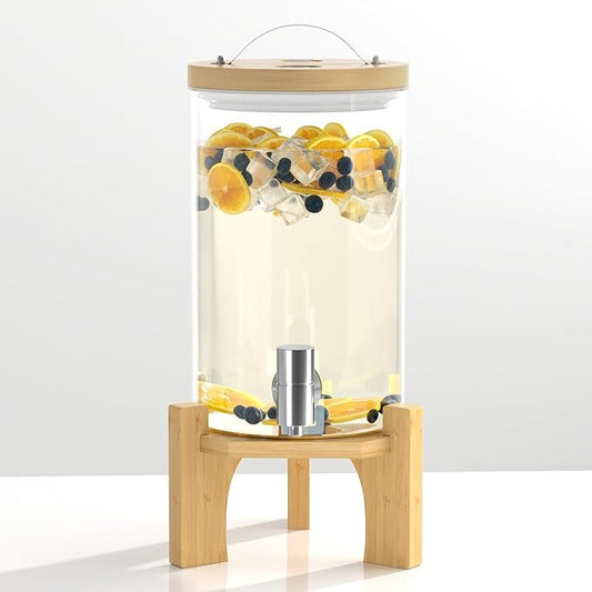 1.2 Gallon Glass Drink Dispenser For Parties, Beverage Dispenser With Bamboo Wood Stand And Stainless Steel Spigot, Countertop Water Dispenser, Lemonade Dispenser For Wedding, Picnic (1PACK)