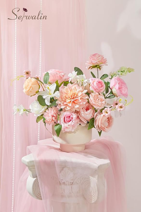 Serwalin Artificial Pink Flowers, Cake Silk Flowers for DIY Wedding Bouquets Fake Flowers, Table Centerpieces Baby Shower Birthday Party Home Decorations