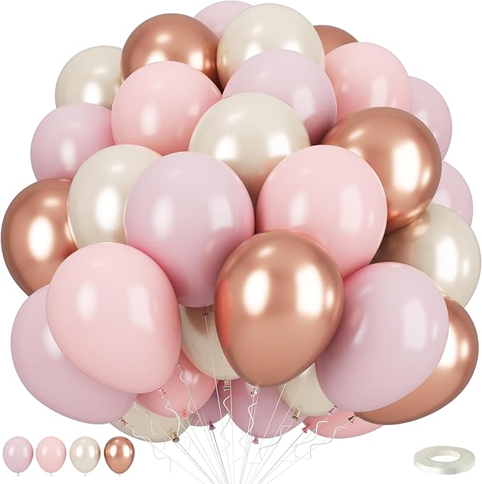 Dusty Pink Balloons, Blush Light Pink Double Stuffed Pearl White Metallic Chrome Rose Gold Balloons for Women Girls Birthday Party Boho Wedding Engagement Bridal Shower Baby Shower Decoration