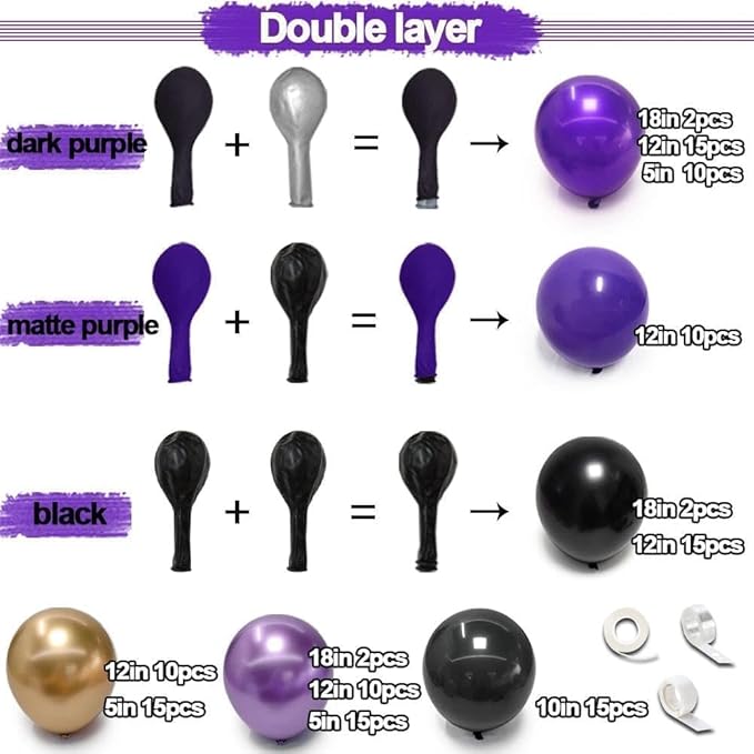 Purple Black Gold Balloon Garland Double Stuffed Dark Purple Black Balloons Metallic Lilac Balloon Arch Kit for Birthday Prom Anniversary Bachelorette Party Decoration