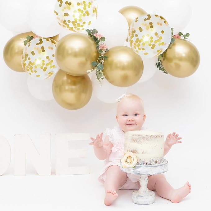 Patimate White and Gold Balloons Set, 50 pcs 12 inch Metallic Gold White Gold Confetti Latex Balloons Kit for Birthday Engagement Wedding Anniversary Party Decorations