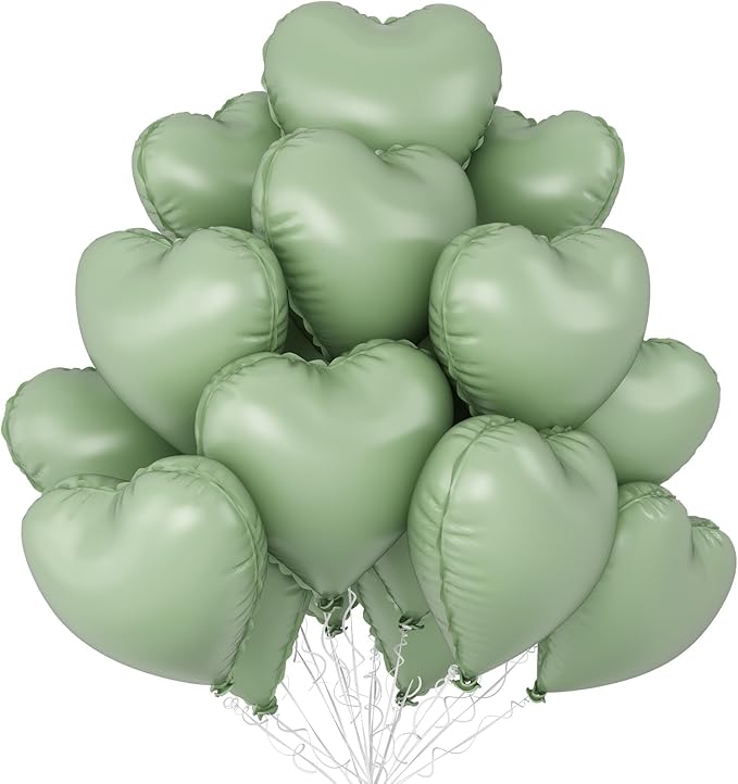Sage Green Heart Balloons,12Pcs 18 Inch Oliver Green Foil Love Heart Shaped Balloons for Jungle Birthday Wedding Anniversary Graduation Baby Shower Valentines Day Decorations