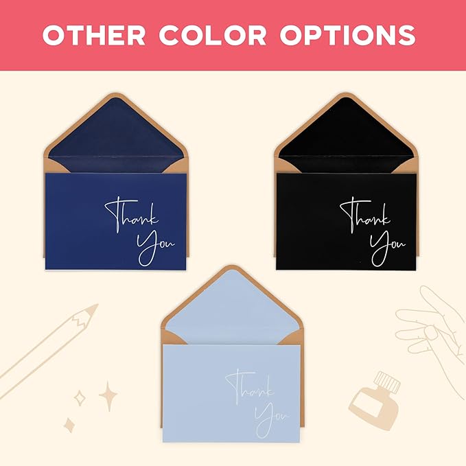 VNS Creations 50 Pack Thank You Cards With Envelopes, Stickers, 3.5x5 Inch Blank Thank You Notes - Bulk Box Set Notes for Graduation, Wedding, Small Business, Baby & Bridal Shower Card - Navy Blue