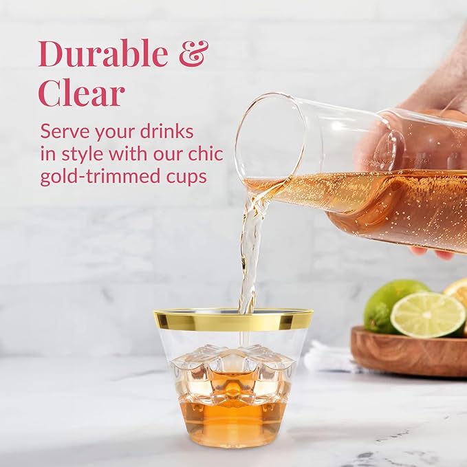 Prestee 100-Pack 9oz Gold Rimmed Plastic Cups Disposable Wine Glasses for Charcuterie, Weddings, Parties, and Events - Elegant Cocktail and Drinking Cups for Champagne, Martini, and Mocktails