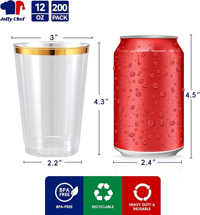 JOLLY CHEF 200 Pack 12 oz Gold Plastic Cups Elegant Gold Rimmed Disposable Cups Heavy-Duty Party Cups for Wedding, Thanksgiving, Christmas Parties