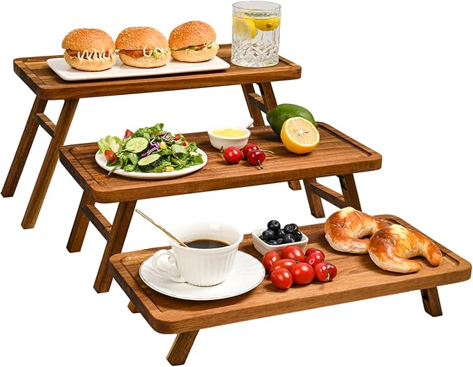 GEHE 3 Tier Serving Stand, Acacia Wood Dessert Table Display Cupcake Stand, Rustic Foldable 3-Tiered Serving Trays & Platters, Large Charcuterie Board for Birthday Wedding Bridal Shower Tea Party