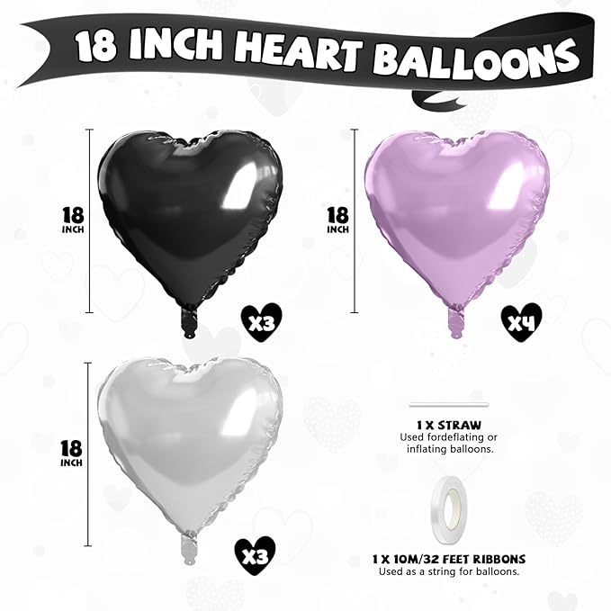 Purple and Black Heart Balloons, 10 Pcs Light Purple Silver Heart Shape Foil Balloon 18 Inch Birthday Balloons for Girls Princess Theme Birthday Wedding Valentines Baby Shower Party Decoration