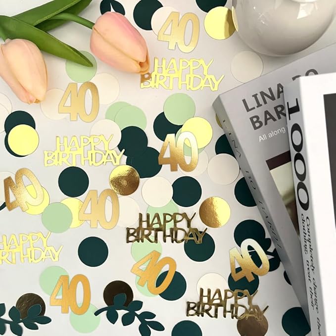 Sage Green 40th Happy Birthday Confetti, 40th Birthday Table Decorations Scatter Green Gold Foil Cake Confetti Decorations for 40 Bday Woman Man Party Decor 230 Pcs