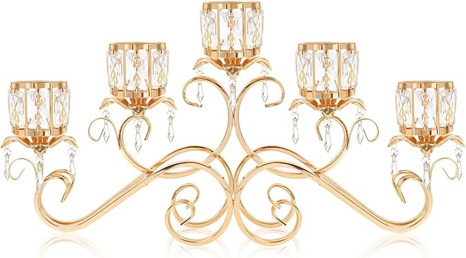 Gold 5 Arms 26.8 Inches Wide Crystal Pendant Bowl Tea Light Candle Holder, Large Bling Centerpiece Table Decorations, Metal Votive Candle Holders for Dining Table (Gold, Cup-Shaped)