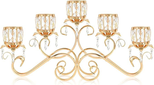 Gold 5 Arms 26.8 Inches Wide Crystal Pendant Bowl Tea Light Candle Holder, Large Bling Centerpiece Table Decorations, Metal Votive Candle Holders for Dining Table (Gold, Cup-Shaped)