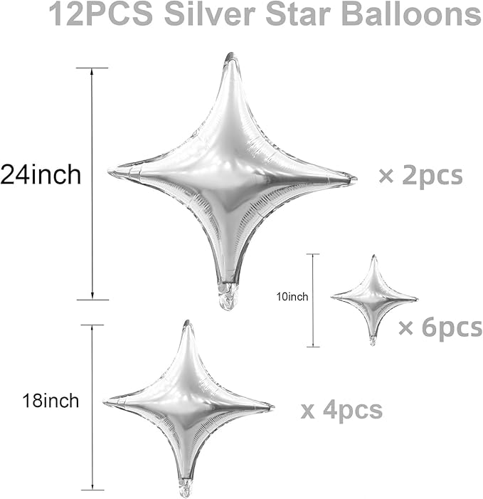 12PCS Silver Star Balloons, 24in 18in 10in Four Angle Star Shaped Balloon Silver Foil Balloons for Wedding Baby Shower Birthday New Year Party Decorations
