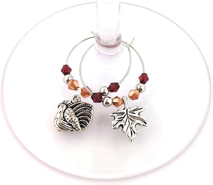 Thanksgiving Wine Charms, Turkey, Leaf, and Pumpkin Wine Charms, Thanksgiving Gifts, Glass Tag Identifier, Cornucopia, Apple Pie, Wishbone, Dinner Party Supplies and Party Favors - 6 Pack