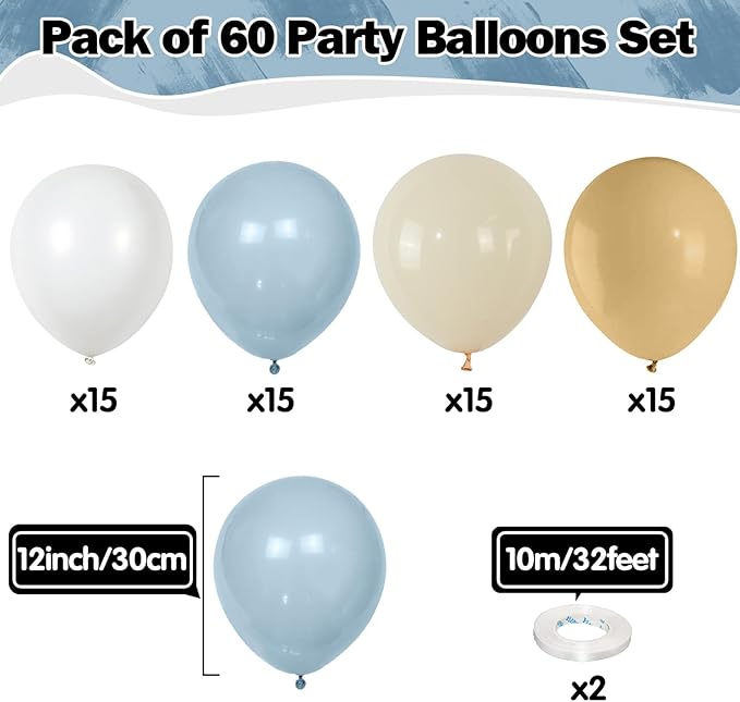Dusty Blue White Balloons 60 Pcs Dusty Blue White Sand Balloons 12 Inch Neutral Boho Slate Blue Cream Beige Apricot Nude Brown Balloon for Boys Men Bear Bridal Baby Shower Birthday Party Decorations