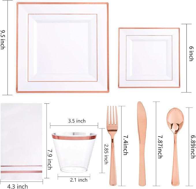 Festiva 350Pcs Rose Gold Plates and Napkins Party Supplies-Square White and Rose Gold Disposable Dinnerware include Plates Cups Cutlery Napkins for 50 Guests Wedding &Christmas Party&Mother's Day