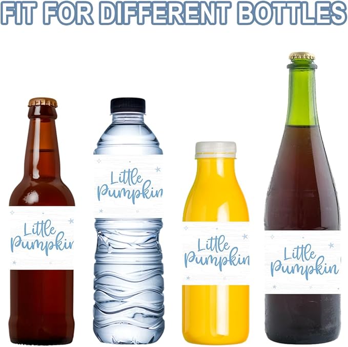 100Pcs Blue Little Pumpkin Boy Baby Shower Water Bottle Labels Waterproof Wrappers for Fall Baby Shower Decorations and Party Drink Stations