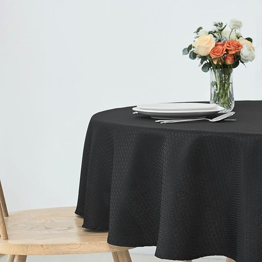 maxmill Round Weaved Texture Design Tablecloth Spill-Proof Wrinkle Free Soft Washable Table Cloth for Circular Table Cover, for Dining Room Buffet Banquet Parties Holiday Dinner, 90 Inch Black
