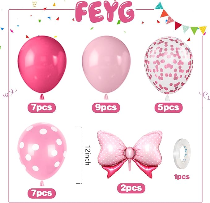 Pink Bow Balloons,12 Inch Hot Pink Rose Dots Bow Foil Balloon and Confetti Balloons with Ribbon,for Girls Birthday Baby Shower Decoration Birthday Wedding