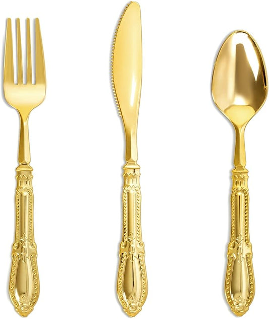 Nervure 90PCS Gold Plastic Silverware - Heavy Duty Disposable Cutlery Set, Luxury Gold Plastic Utensils include 30Pcs Forks, 30Pcs Spoons, 30pcs Knives. Perfect for Wedding,Party,Daily Use