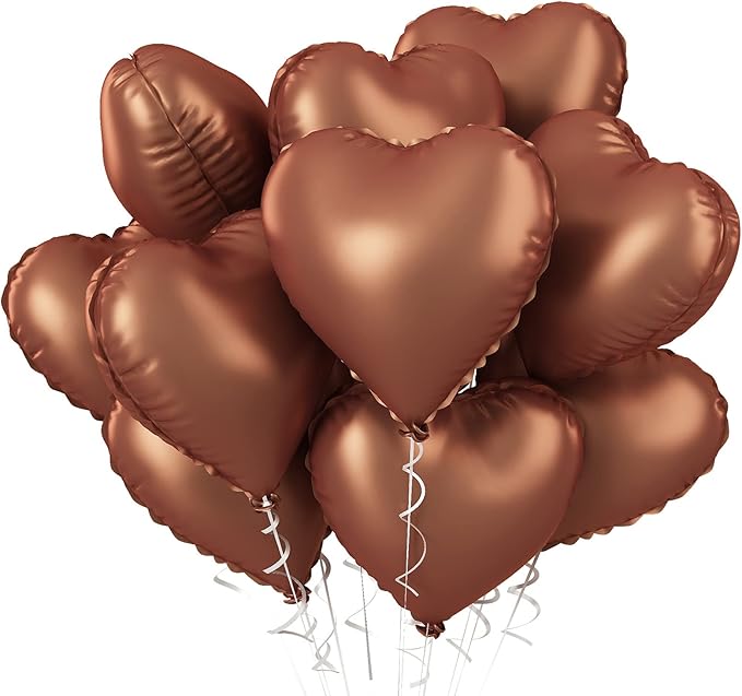 10PCS Brown Khaki Heart Shape Balloons - 18inch Chocolate Coffee Foil Heart Balloons for Helium Neutral Love Jungle Safari Birthday Party, Valentines Day