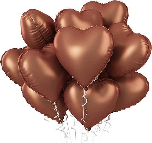 10PCS Brown Khaki Heart Shape Balloons - 18inch Chocolate Coffee Foil Heart Balloons for Helium Neutral Love Jungle Safari Birthday Party, Valentines Day