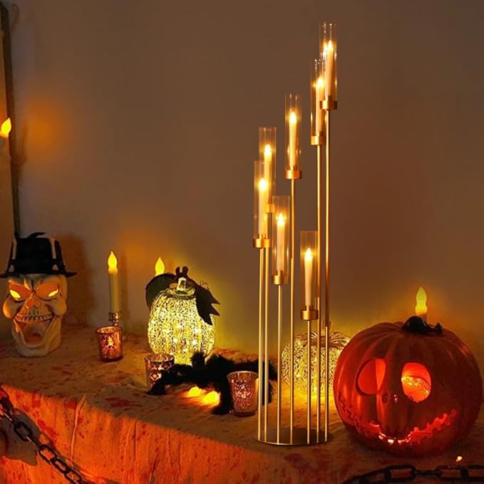 Acrylic Candelabra Centerpieces for Wedding,7 Arm Floor Candelabra with Lampshades Gold Centerpieces for Table Halloween Christmas Ceremony Dinner Party candelabros para centros de mesa(1PCS)