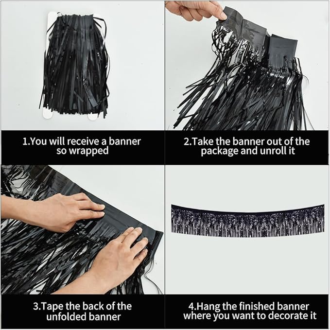 BEISHIDA 3 Packs Metallic Foil Fringe Garland Black Wall Hanging Tinsel Fringe Banners for Car Floats Halloween Bridal Shower Wedding Birthday Easter Graduation Holiday Party Decoration(30 Feet)