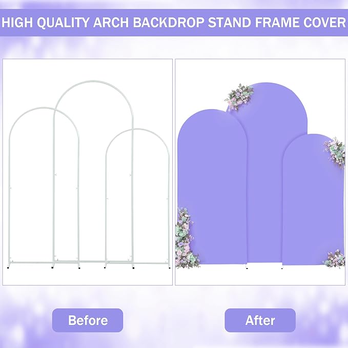 (7.2FT, 6.6FT, 6FT) Wedding Arch Cover Set of 3 Lavender Spandex Fitted Arch Cover for Round Top Chiara Backdrop Stand Covers for Birthday Party Banquet Photo Background Decoration