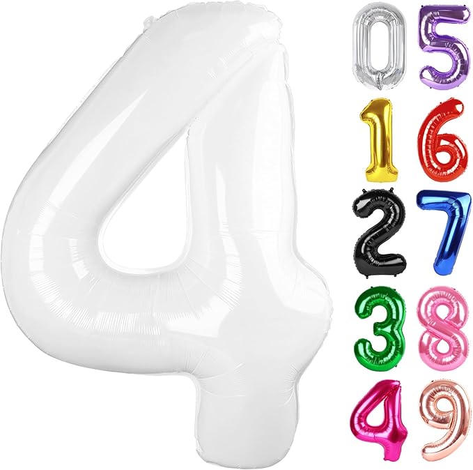 White Number 4 Balloon 40 Inch, 4th Birthday Party Decorations for Children, Giant 4 Foil Balloon for Party Supplies