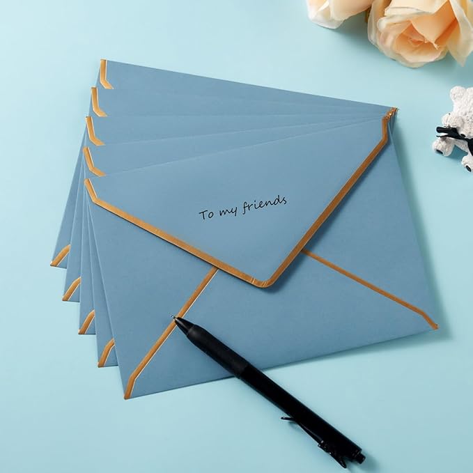 100 Pack A7 Envelopes 5 x 7 Envelopes with Gold Border for Office, Wedding Gift Cards, Invitations, Graduation, Baby Shower, Parties (Dusty-Blue, 5.32 x 7.28 Inches)