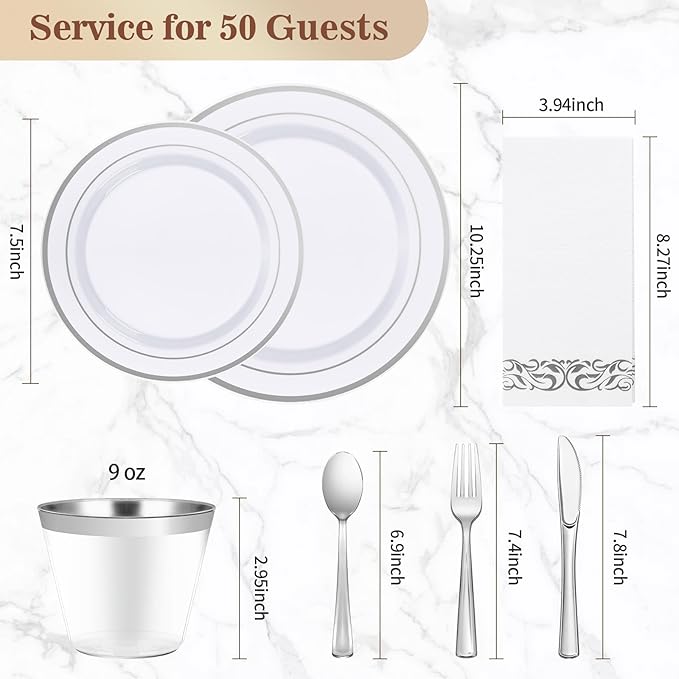 BESTVIP 350 PCS Silver Dinnerware Set for 50 Guests, Plastic Dinnerware Set for Party, Wedding, Christmas, Halloween, Include: 100 Plastic Plates, 50 Silver Silverware, 50 Cups, 50 Paper Napkins