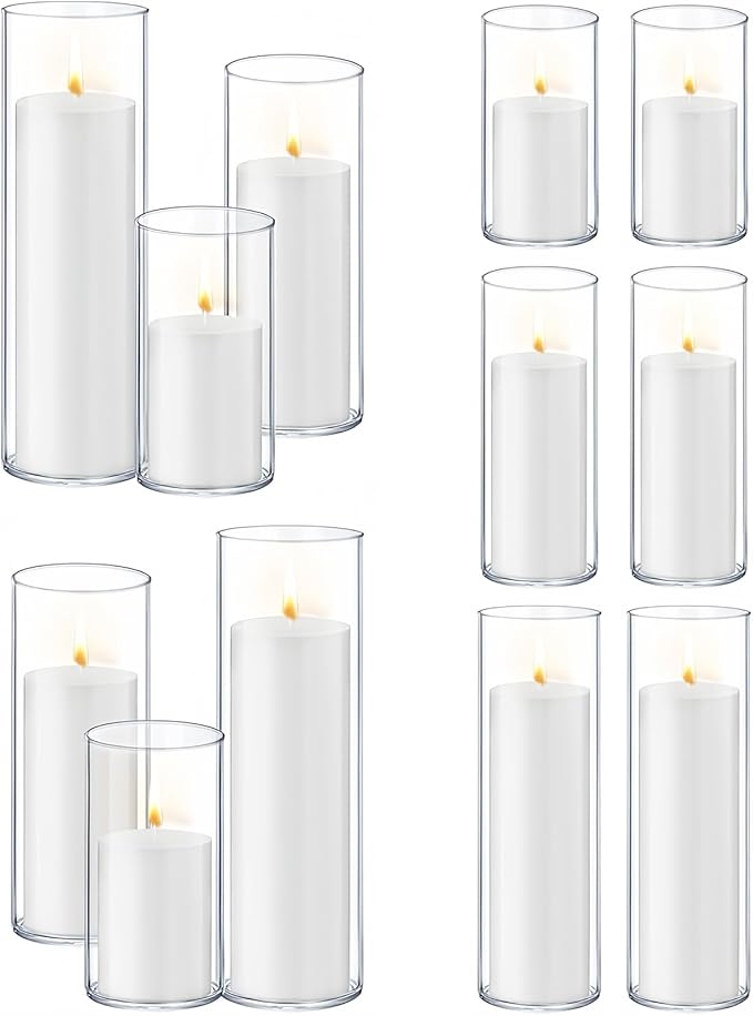 24 Pcs Glass Hurricane Candle Holders Set - White Pillar Candles with Clear Glass Cylinder Vases (12 Candles + 12 Vases) for Wedding, Dating, Party, Table Centerpiece Decor