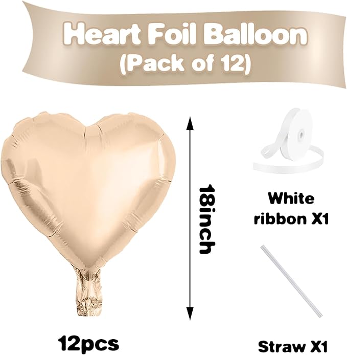 Retro Apricot Heart Balloons, 12Pcs 18 Inch Nude Caramel Helium Love Heart Shaped Neutral Balloons for Engagement Bridal Wedding Anniversary Birthday Party Baby Shower Valentines Day Decorations
