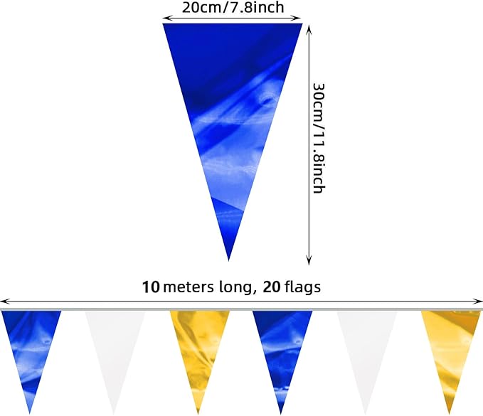 65FT Navy-Blue White Gold Glitter Triangle Pennant Banner Flag Metallic Bunting Fabric Garland for Christmas Graduation Retirement Wedding Bridal Shower Nautical Ahoy Achor Party Decorations Supplies