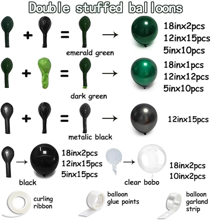 Black Green Balloon Garland Double Stuffed Dark Emerald Green Balloons Clear Bobo Metallic Black Balloon Arch Kit for Birthday Halloween Bridal Shower Christmas New Year Party Decorations