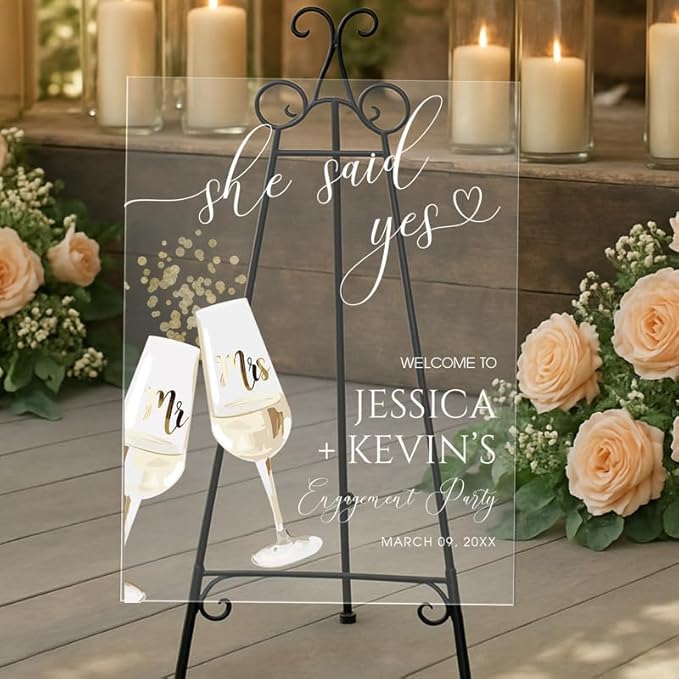 "She Said Yes!" Champagne Toast Welcome Sign - Gold Confetti & Glasses Engagement Party Décor