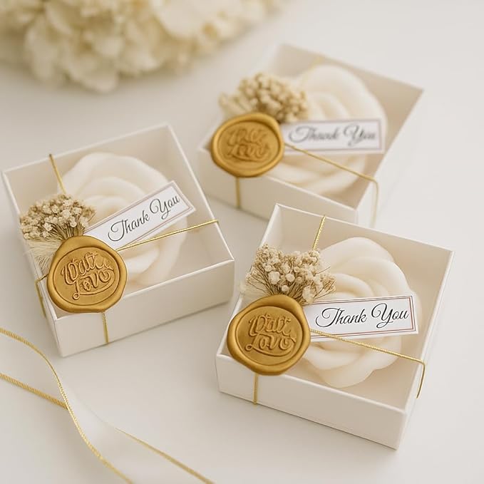 White Rose Petal Soy Wax Candles in Bulk – Rose Candle Wedding Favors for Guests, Personalized Candle Favors for Bridal Shower & Baby Shower Gifts – Dried Flower & Wax Seal Design (80 Pieces)