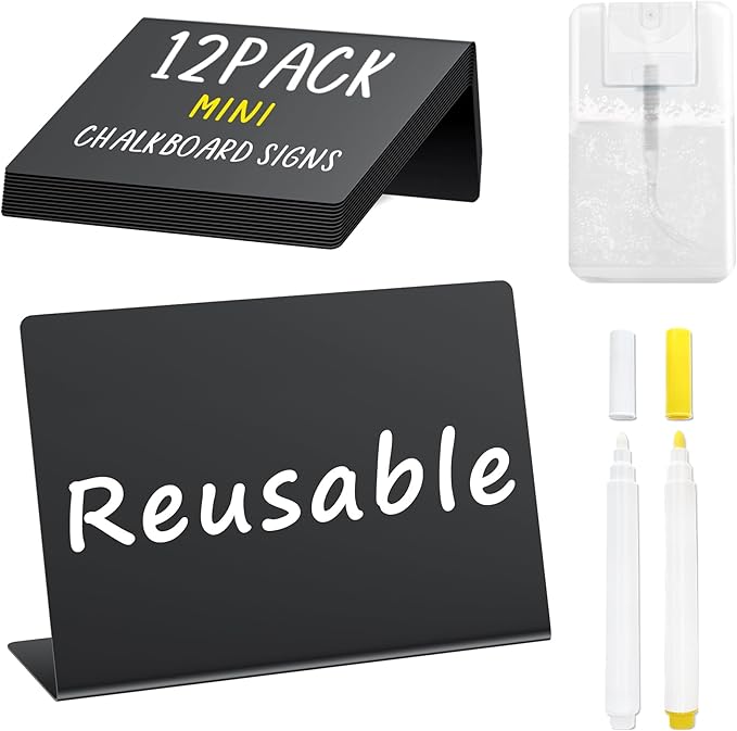 PigPotParty 12 Pcs Food Labels for Party Buffet w/Cleaning Spray, 4"x3" Mini Chalkboard Signs for Food Display, Table Place Cards - Name Tags- Small Chalk Board Signs, w/ 2 Markers